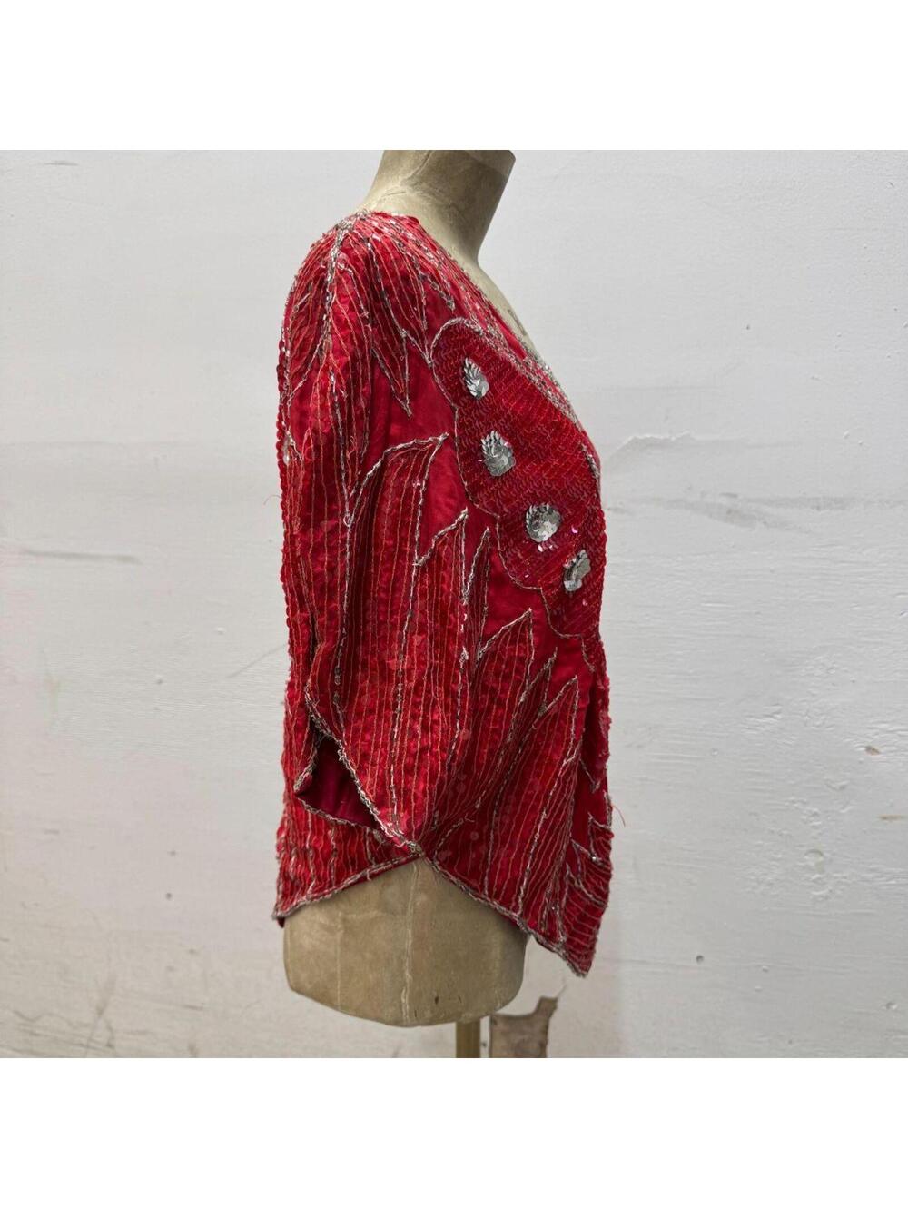 Vintage Broadway Costume 70s Red Sequin Beaded Butterfly Silk Fairy Top 3 - Picture 4 of 8